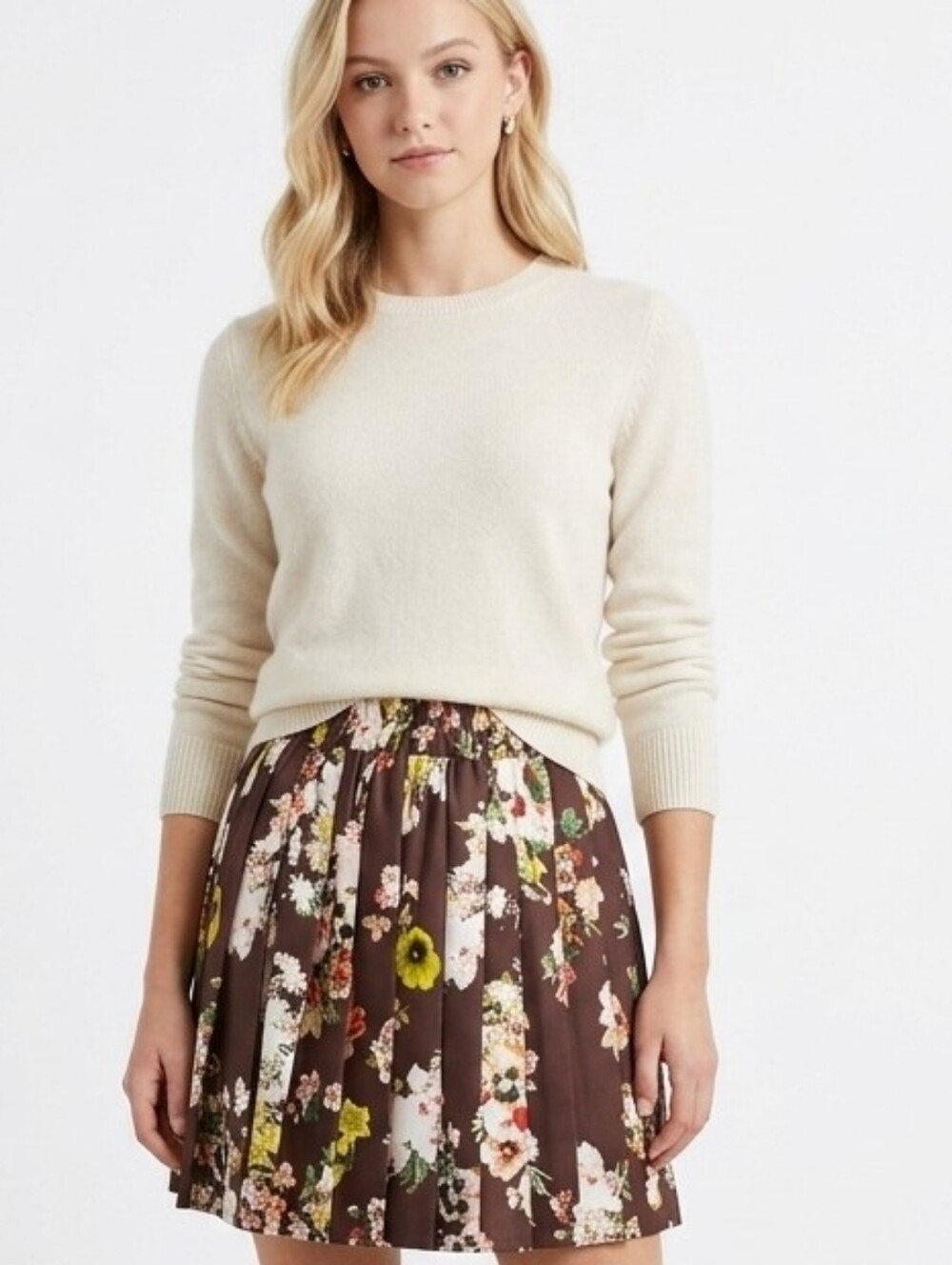 Princess Vera Wang Floral Pleated Skirt M Brown Flare Skater Mini